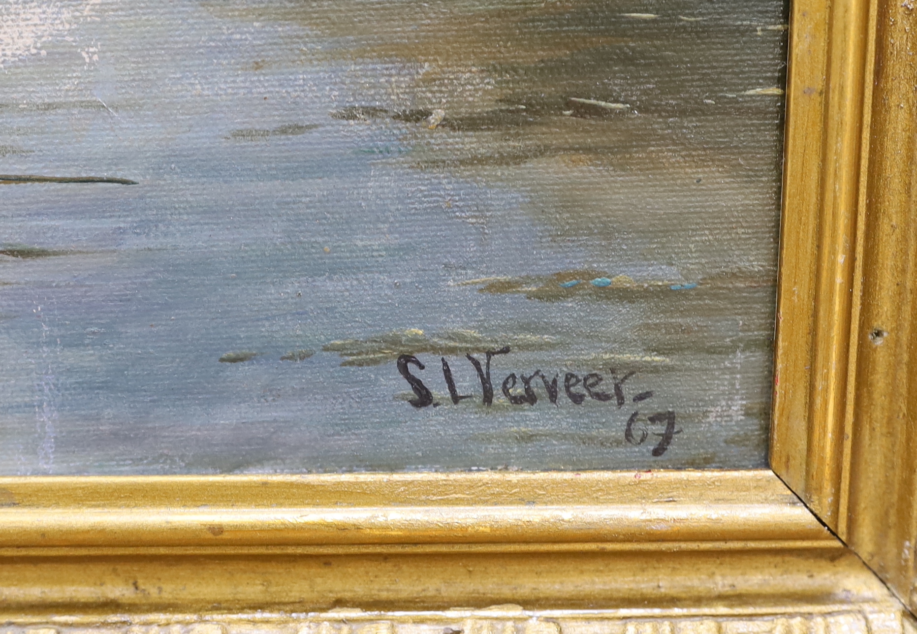 S.L.Verveer, oil on board, River landscape with windmills and figures in boats, signed and dated '67, 38 x 54cm